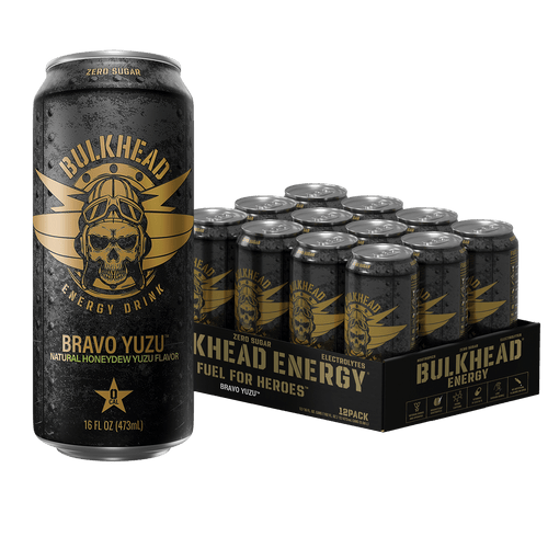 Bulkhead Energy Bravo Yuzu 12-pack case of 16 fl oz cans next to a single can, honeydew yuzu flavor energy drink