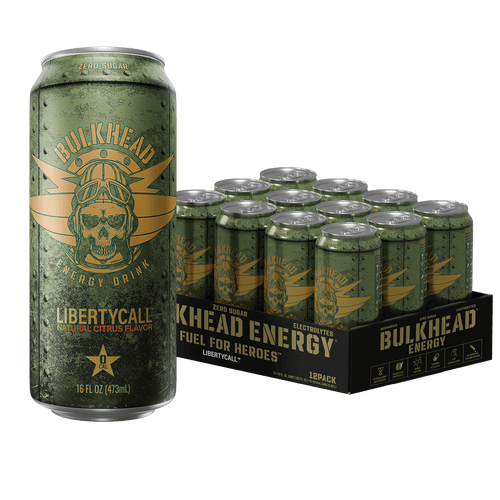 Bulkhead Energy LibertyCall 12-pack case of 16 fl oz cans next to a single can, natural citrus flavor energy drink