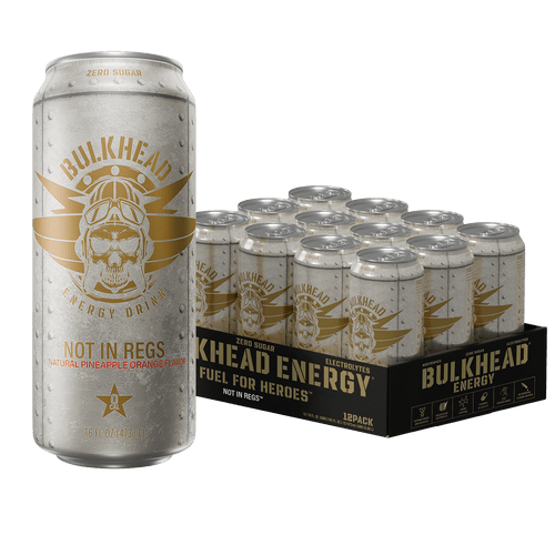 Bulkhead Energy Not In Regs 12-pack case of 16 fl oz cans next to a single can, natural pineapple orange flavor energy drink