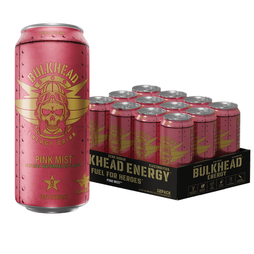 Bulkhead Energy Pink Mist 12-pack case of 16 fl oz cans next to a single can, natural watermelon flavor energy drink
