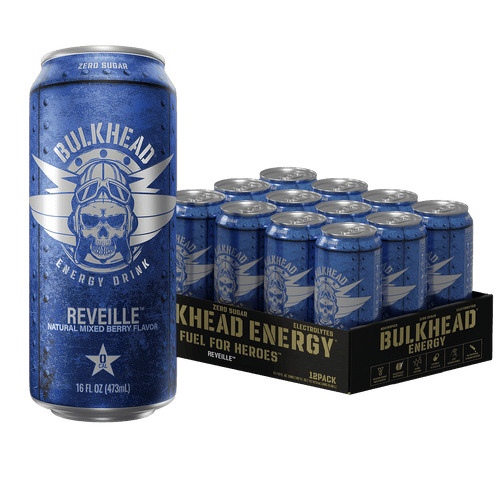 Bulkhead Energy Reveille 12-pack case of 16 fl oz cans next to a single can, natural mixed berry flavor energy drink