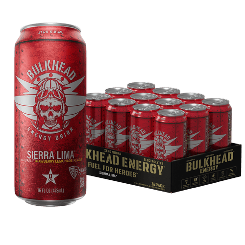 Bulkhead Energy Sierra Lima 12-pack case of 16 fl oz cans next to a single can, natural strawberry lemonade flavor energy drink