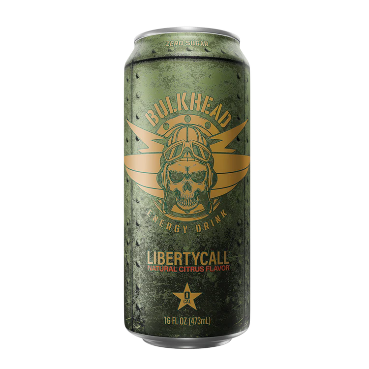 Green energy drink can with skull design and 'Bulkhead' branding on a white background