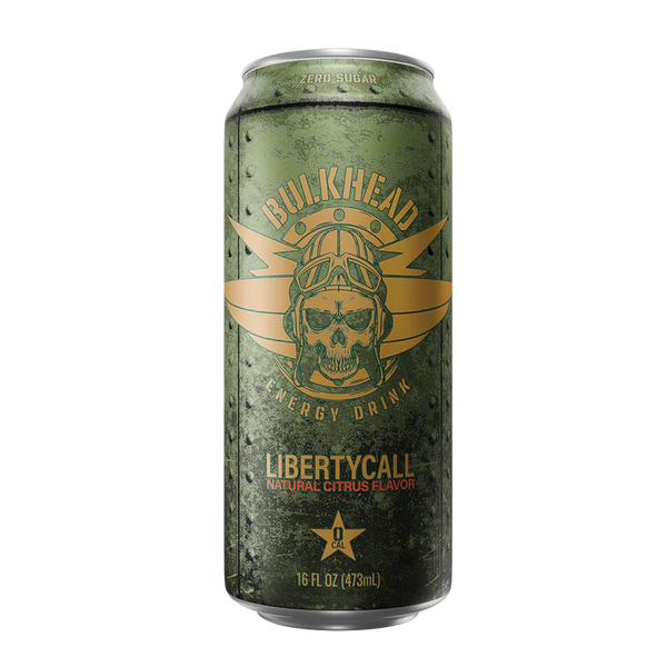 Green energy drink can with skull design and 'Bulkhead' branding on a white background